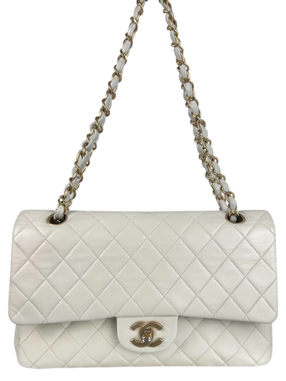 CHANEL CC DOUBLE FLAP BAG LAMBSKIN LEATHER GHW MEDIUM IVORY